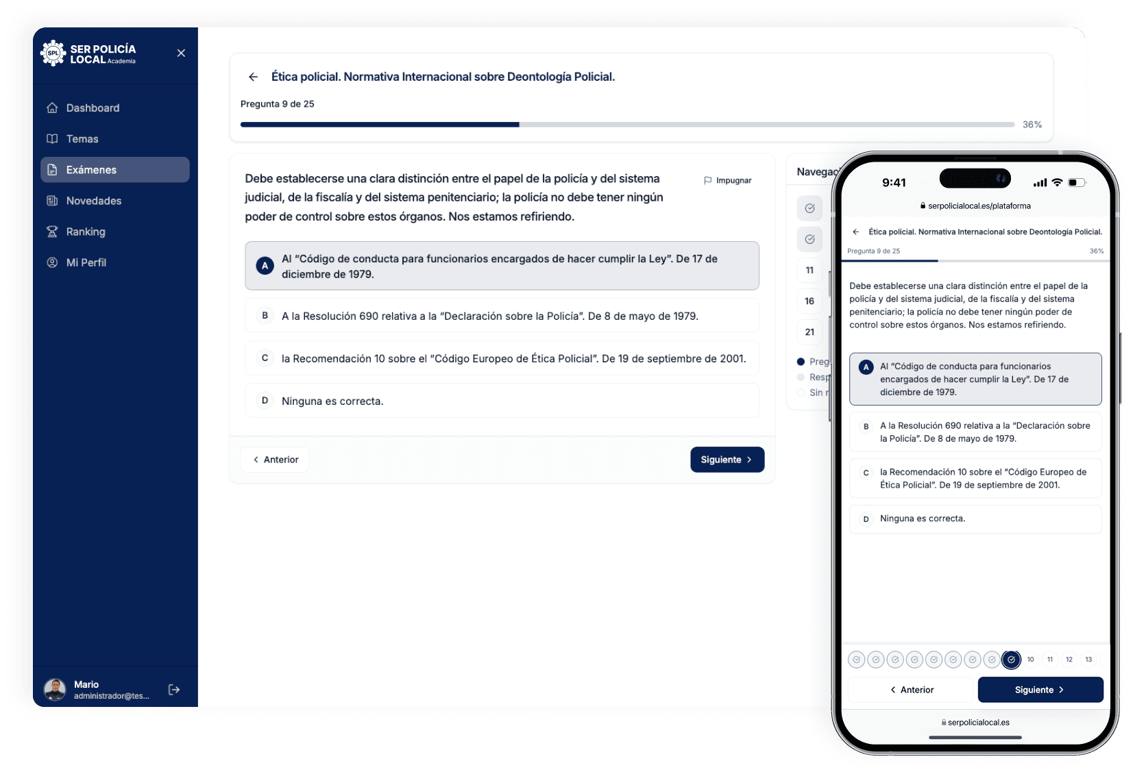 Plataforma de tests online para oposiciones de Policía Local