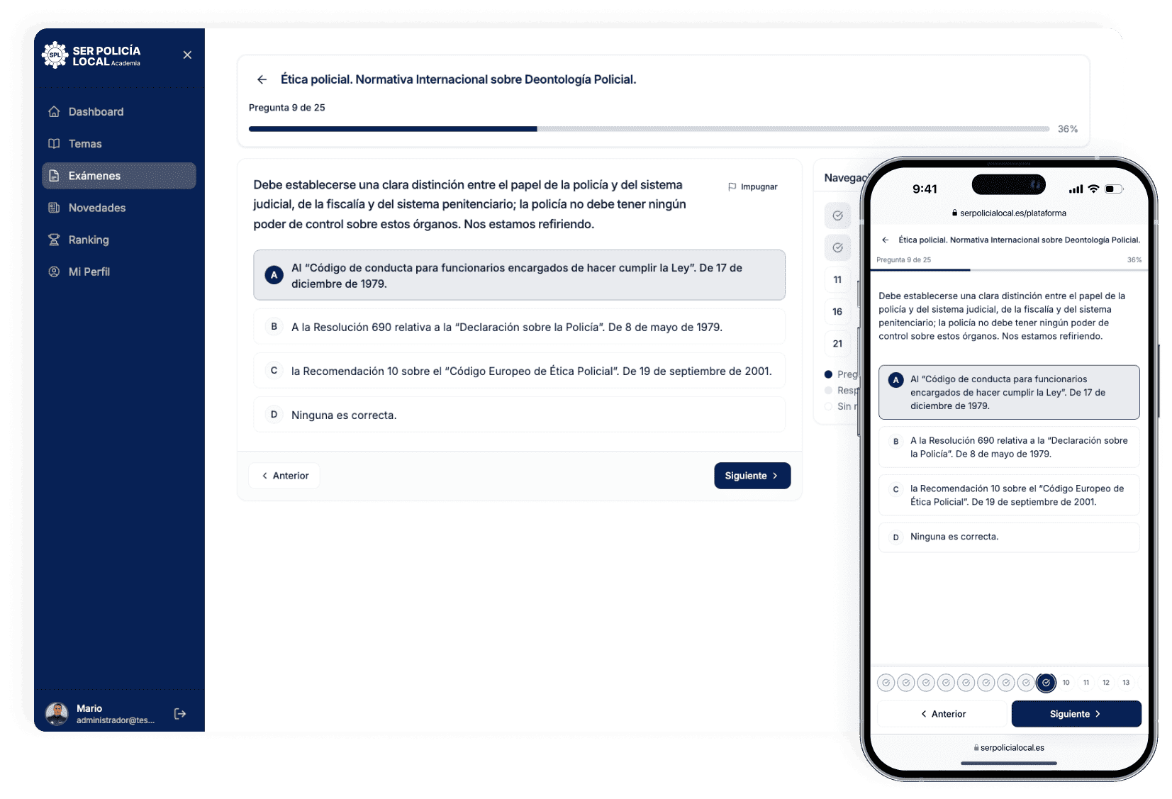 Plataforma de tests online para oposiciones de Policía Local